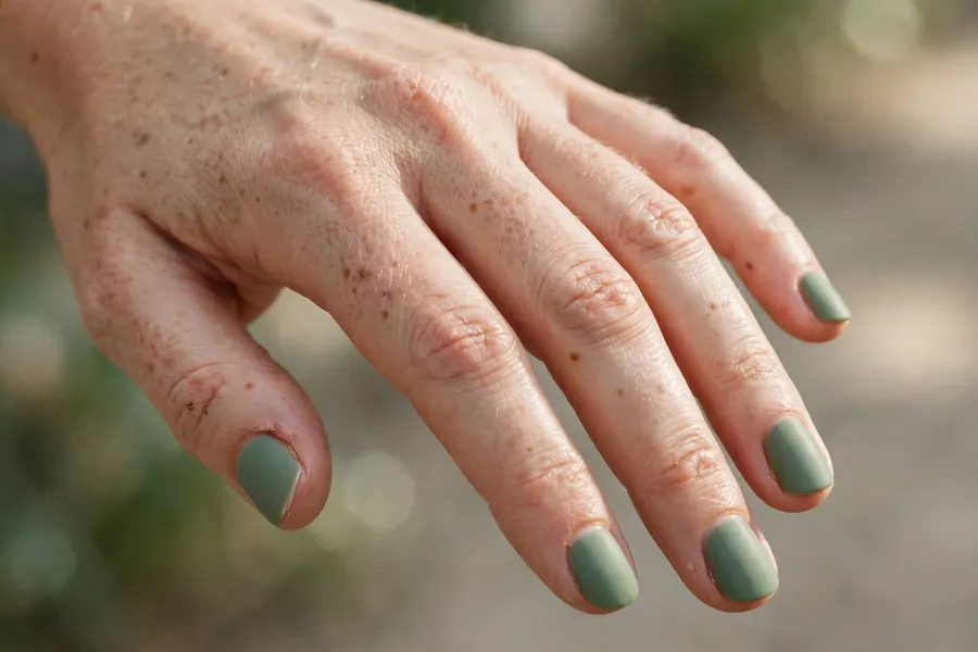 Sage green short nail designs on real hands