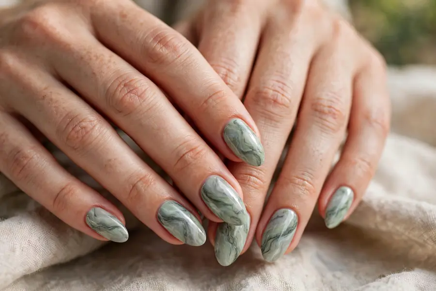 Sage green and grey-green marble veined nails