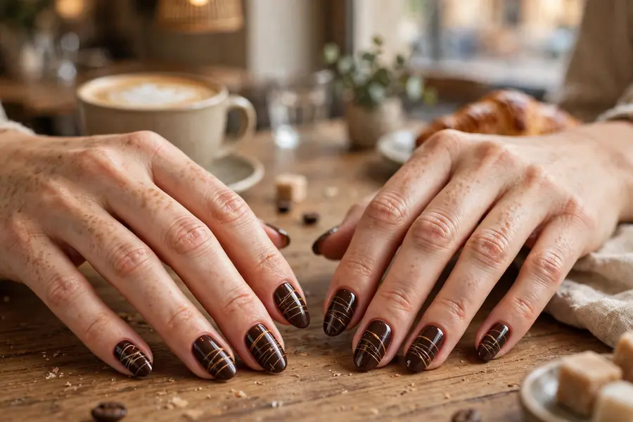 Salted caramel drizzle over chocolate hot chocolate nails on real hands