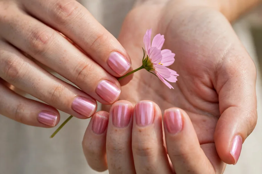 Short square jelly pink chrome nails with glossy translucent pink