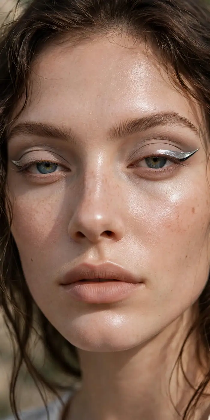 Chrome silver eyeliner wing with frosted winter makeup