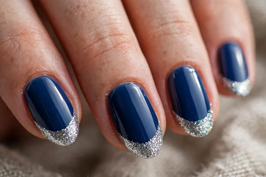 Blue nails with silver glitter tips