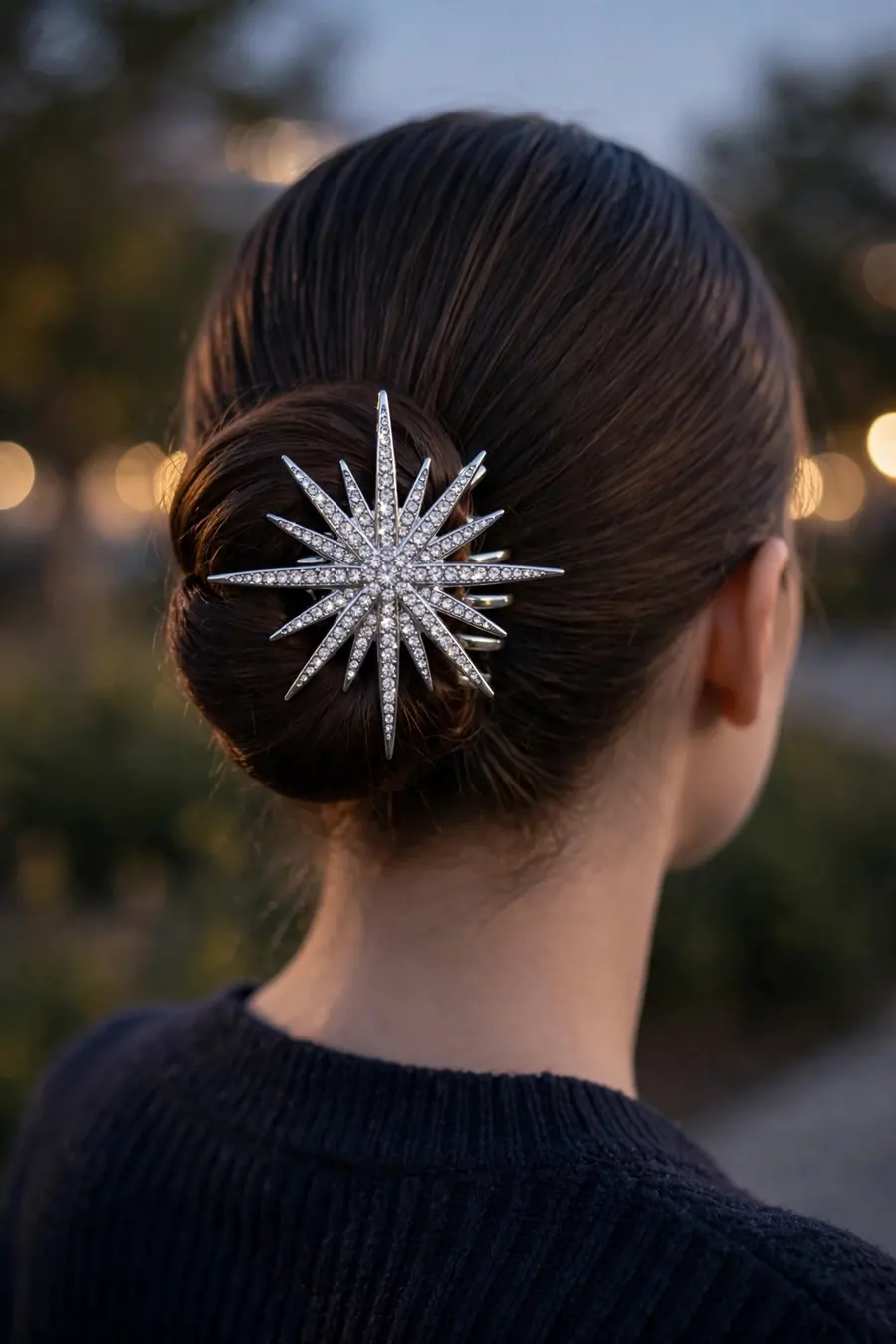 sleek bun held by a silver starburst rhinestone claw clip