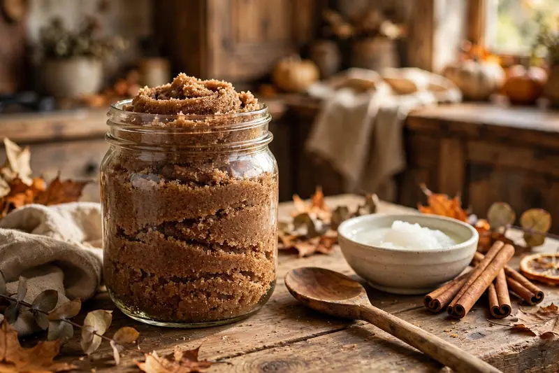 Homemade cinnamon sugar scrub jar for fall self care routine