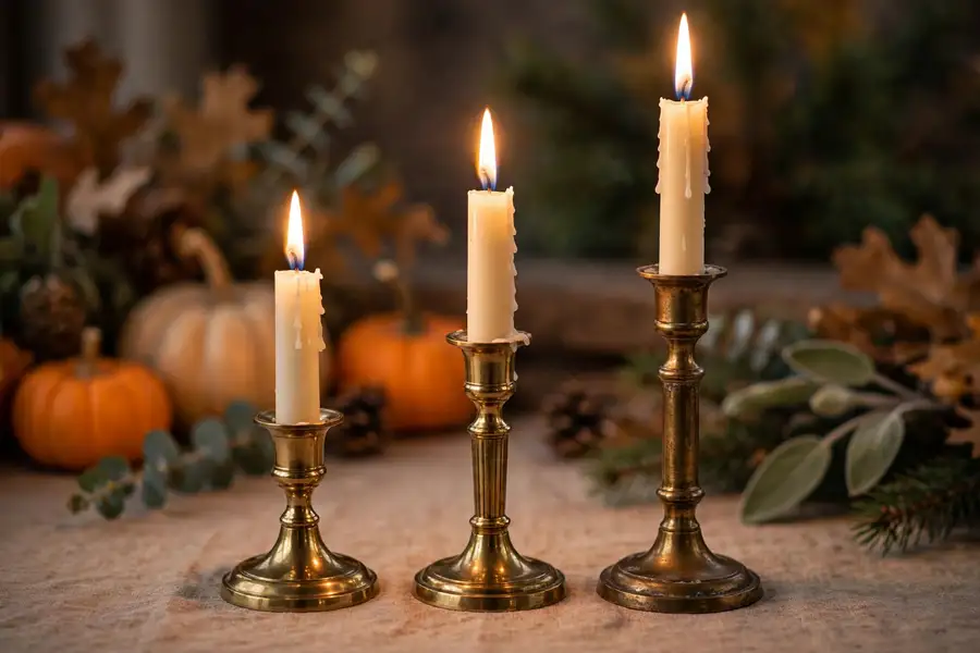 Brass holders with ivory taper candles as thanksgiving table decor