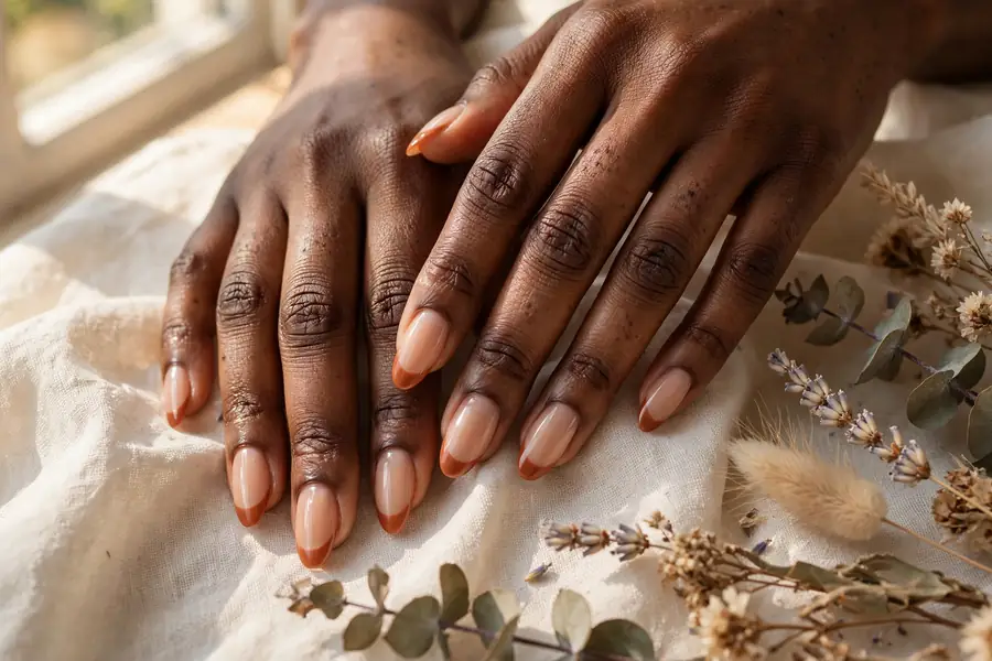 Terracotta French tip earthy nails on real hands