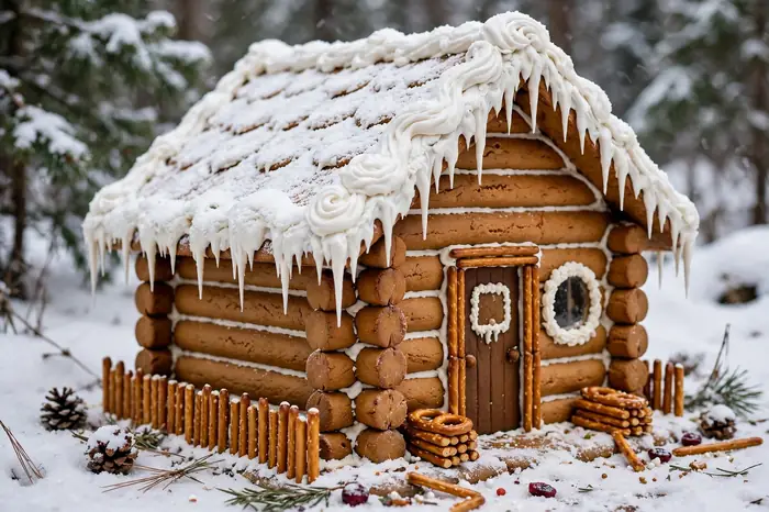 Photorealistic photograph of a gingerbread log cabin house decorated with pretzel sticks and icing snow