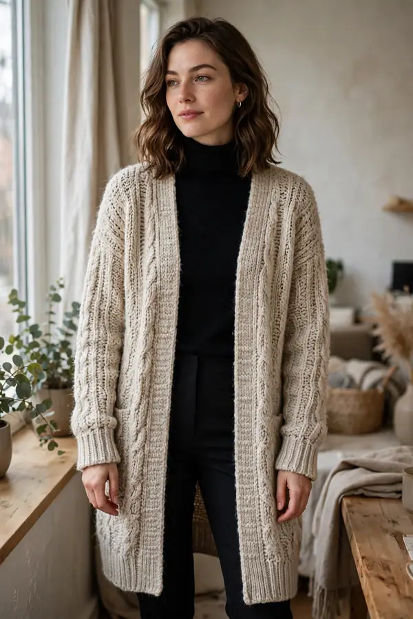 Woman wearing a long oatmeal cardigan over a black turtleneck and slim trousers