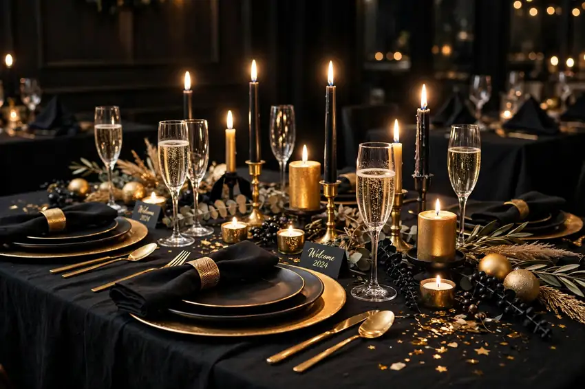 Black and gold tablescape with candles for a New Year's Eve dinner party