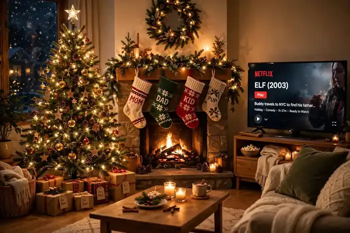 Christmas Eve living room with a glowing tree, stockings and a television ready for a movie