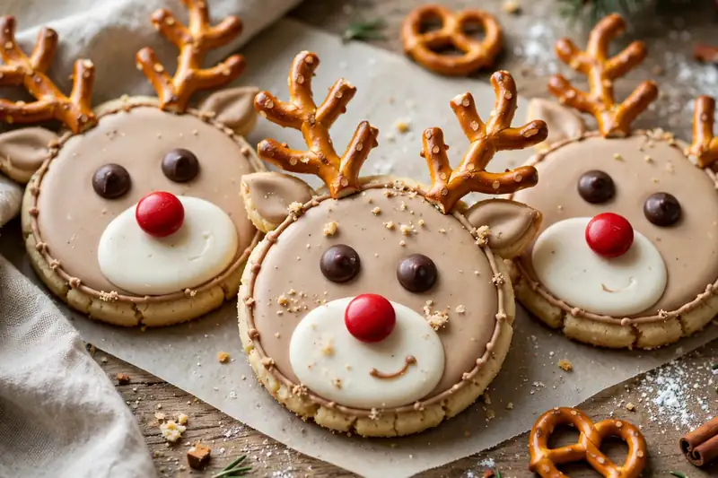 Reindeer face cookies with pretzel antlers, chocolate eyes and red noses