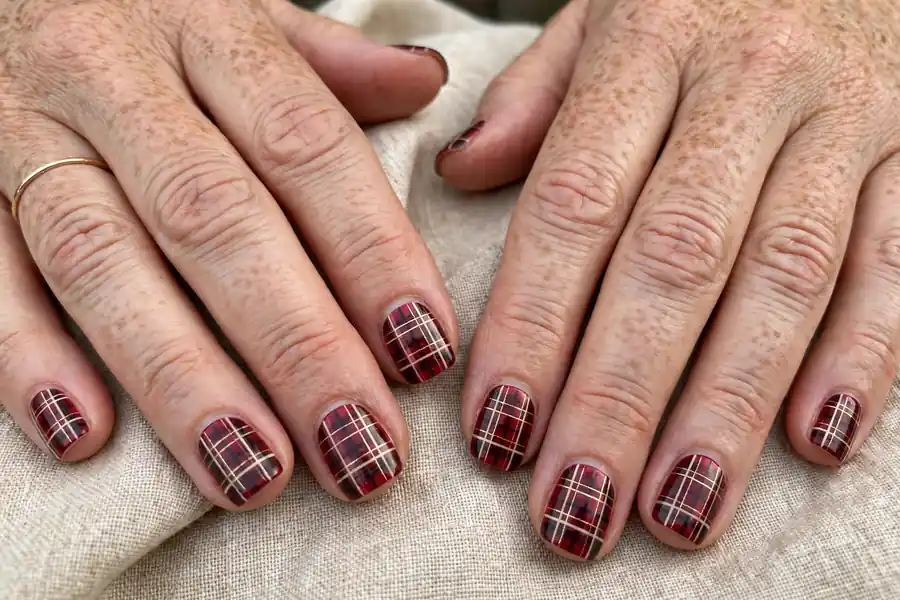 Cranberry plaid nail art on short square nails