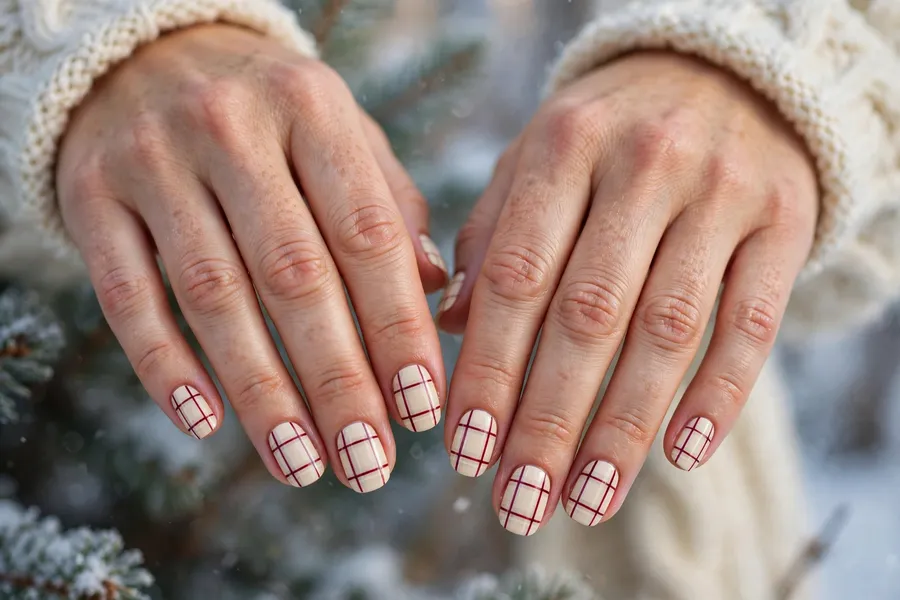 Cream and cranberry windowpane plaid nails