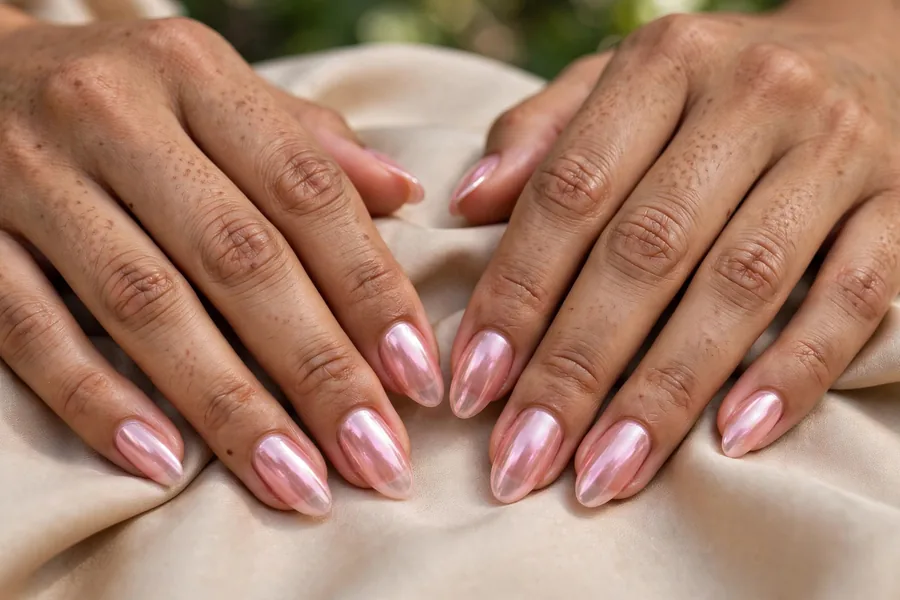 Almond-shaped jelly pink chrome nails with mirror-like shimmer