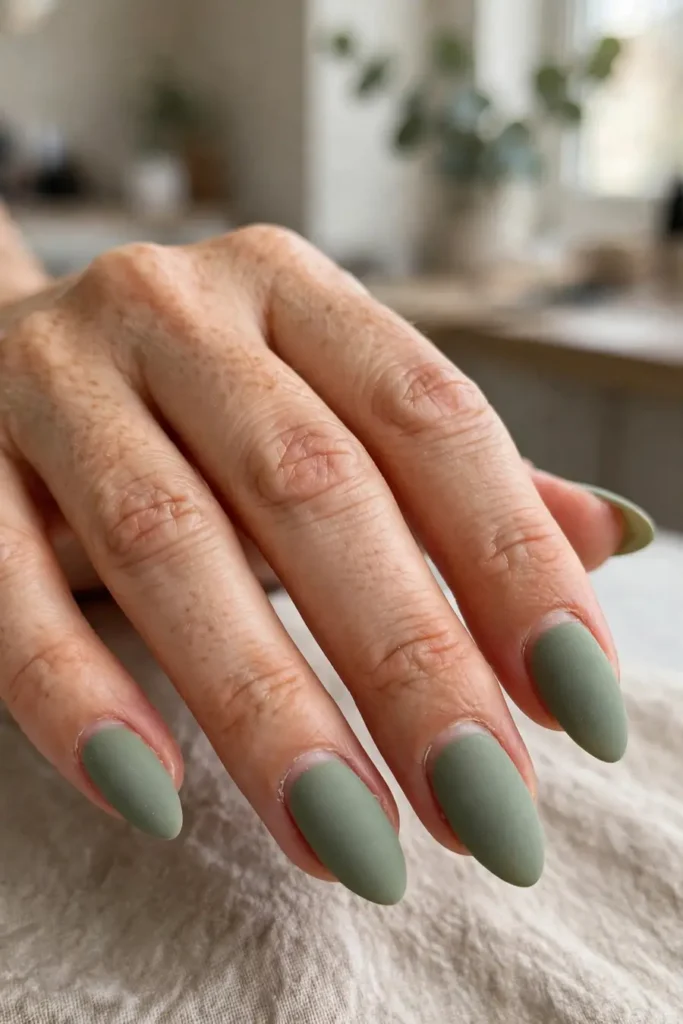 Matte sage green almond nails