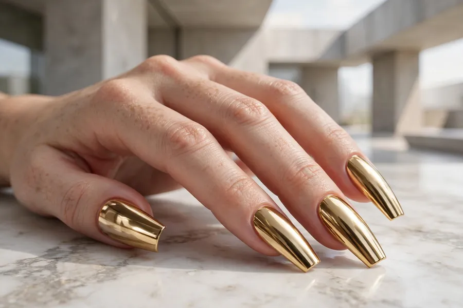 Hand with long coffin-shaped gold mirror chrome nails