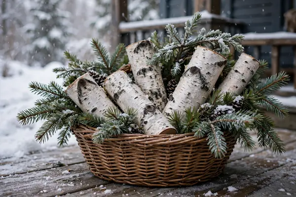 Photorealistic photograph of a basket of white birch logs with evergreen sprigs on a winter front porch
