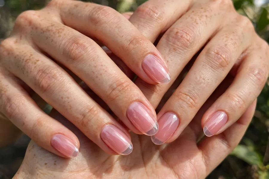 Blush jelly nails on real hands with a translucent glossy pink finish