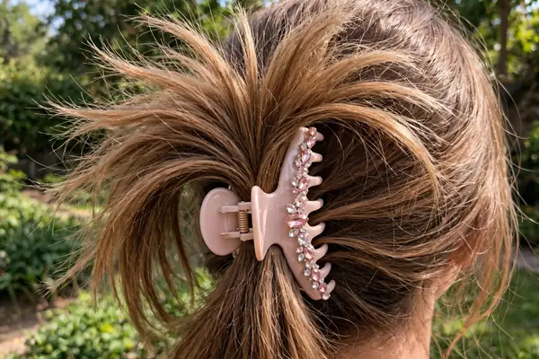 claw clip ponytail using a blush pink gem clip