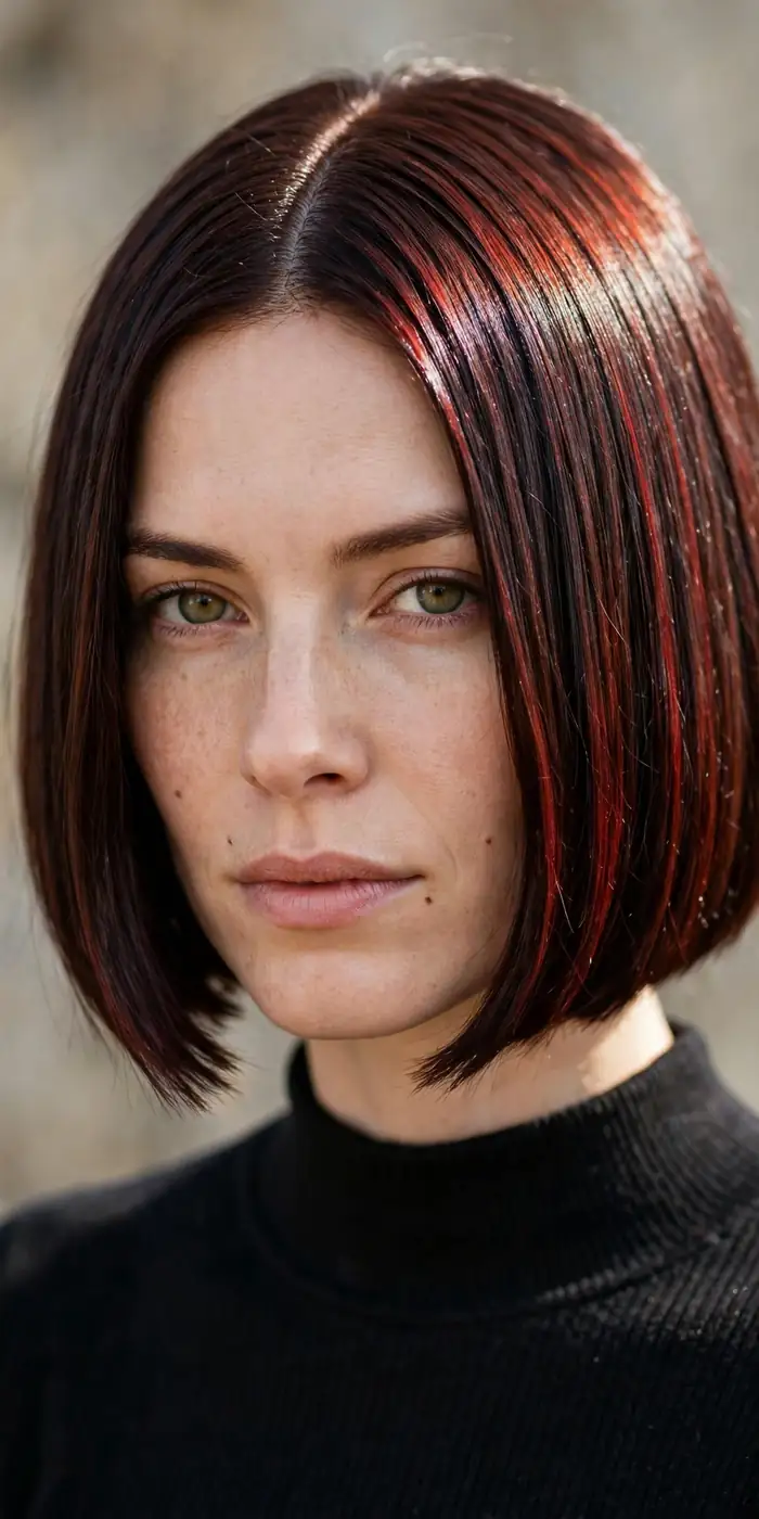 Cherry cola brunette on a sharp chin-length bob haircut