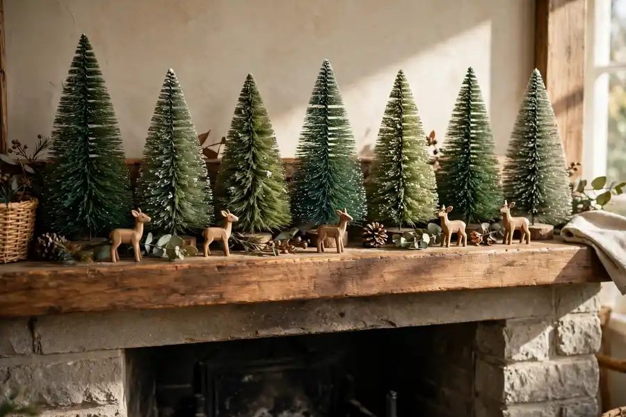 Bottle-brush Christmas trees in a row along a fireplace mantel