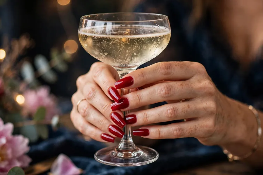 Cherry red coffin nails on real hands holding a champagne coupe