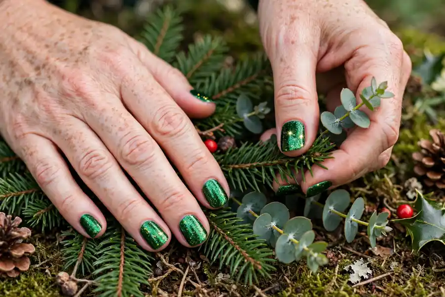 Emerald green glitter nails on real hands near holiday greenery