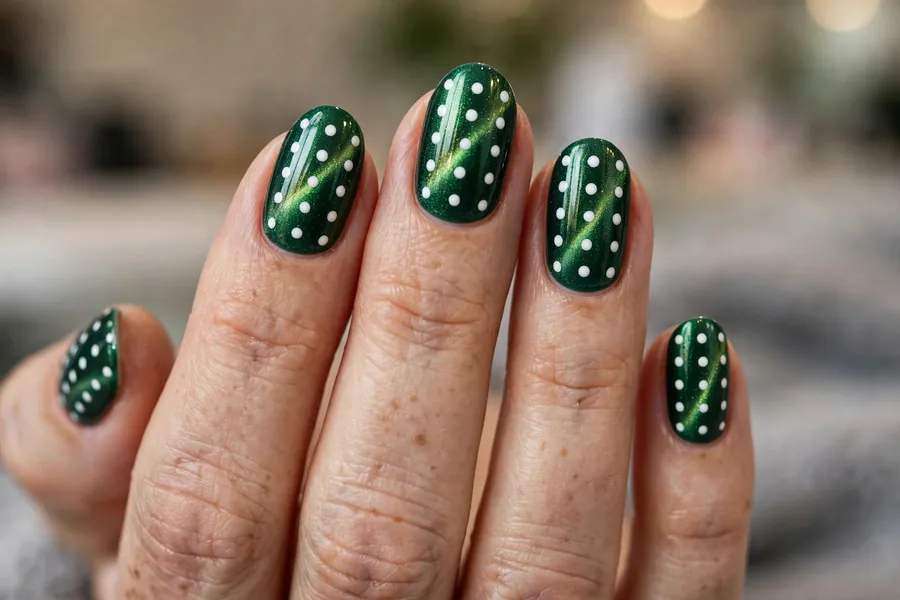 Emerald green polka dot cat eye nails with white dots