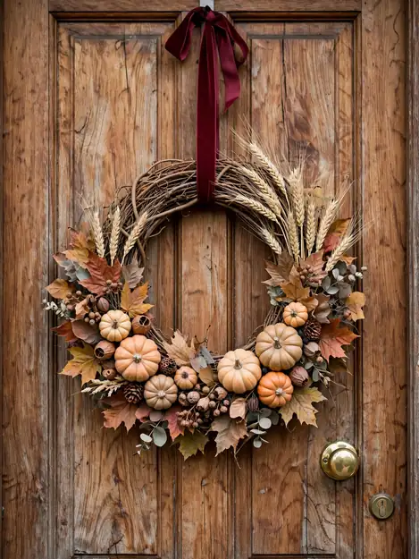 Fall home decor ideas with an autumn wreath on a front door