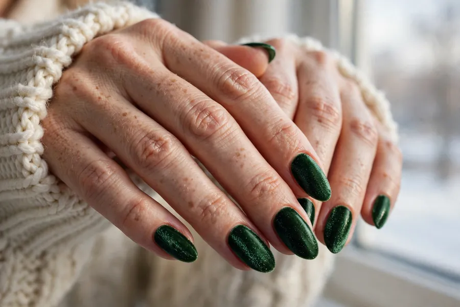 Forest pine green velvet nails on real hands