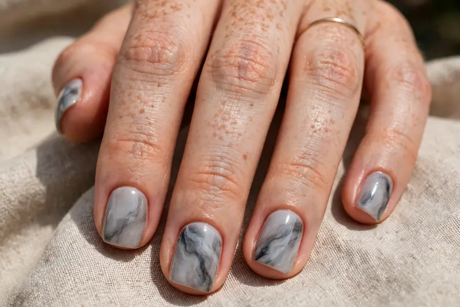 Soft grey marble nails with smoky veining