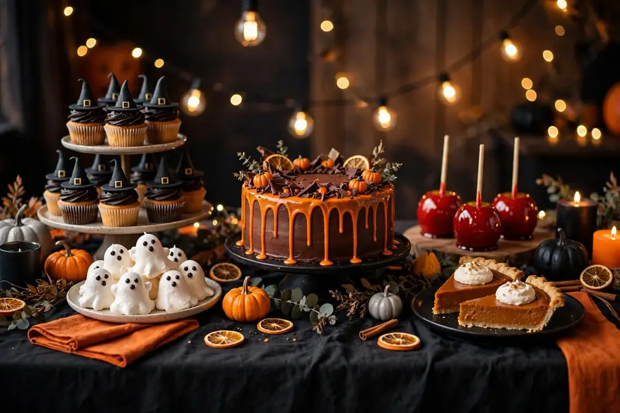 Halloween dessert table with drip cake, ghost cookies, candy apples and cupcakes on tiered stands