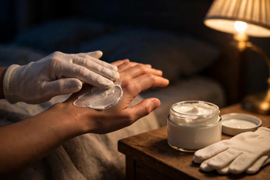 Hands being massaged with rich repair cream at night