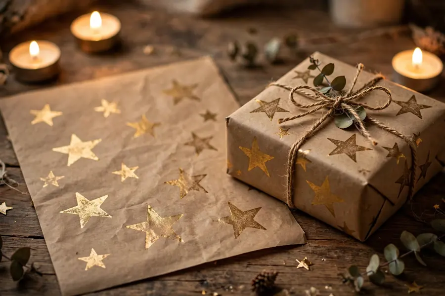Brown kraft wrapping paper hand-stamped with gold stars beside a wrapped gift