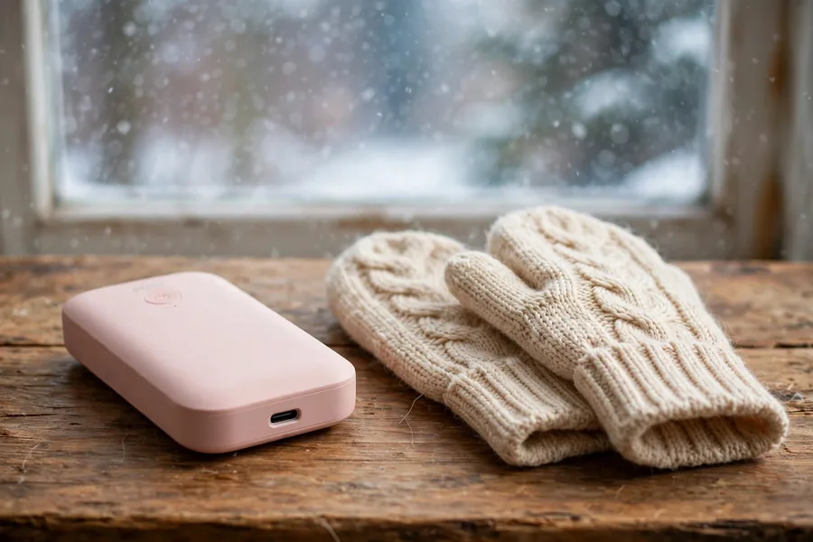 Sleek blush pink rechargeable hand warmer beside knit mittens