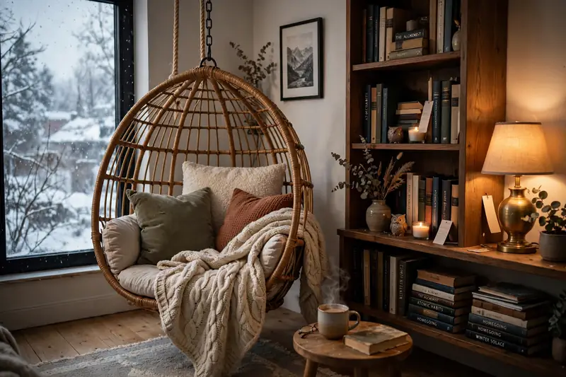 Hanging egg chair with cushions and a blanket in a cozy winter reading corner