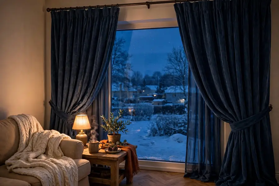 heavy curtains framing a living room window on a cold winter evening