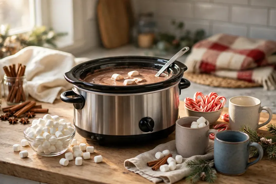 Slow cooker hot chocolate bar with mugs marshmallows and candy canes