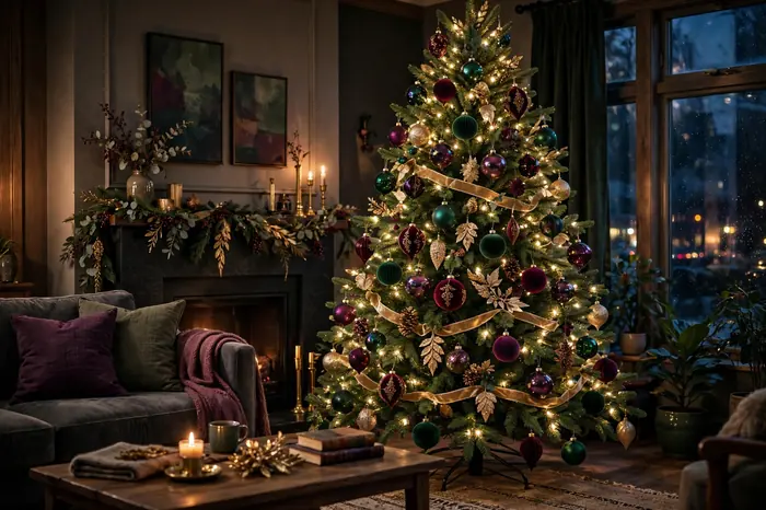 Christmas tree decorated in emerald green, burgundy and champagne gold jewel tones