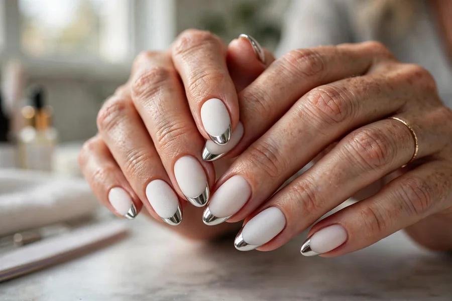 Matte milky base with mirror chrome tips on milky white chrome nails