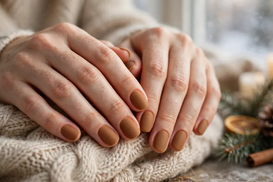 Matte gingerbread spice nails in soft brown with no shine on real hands