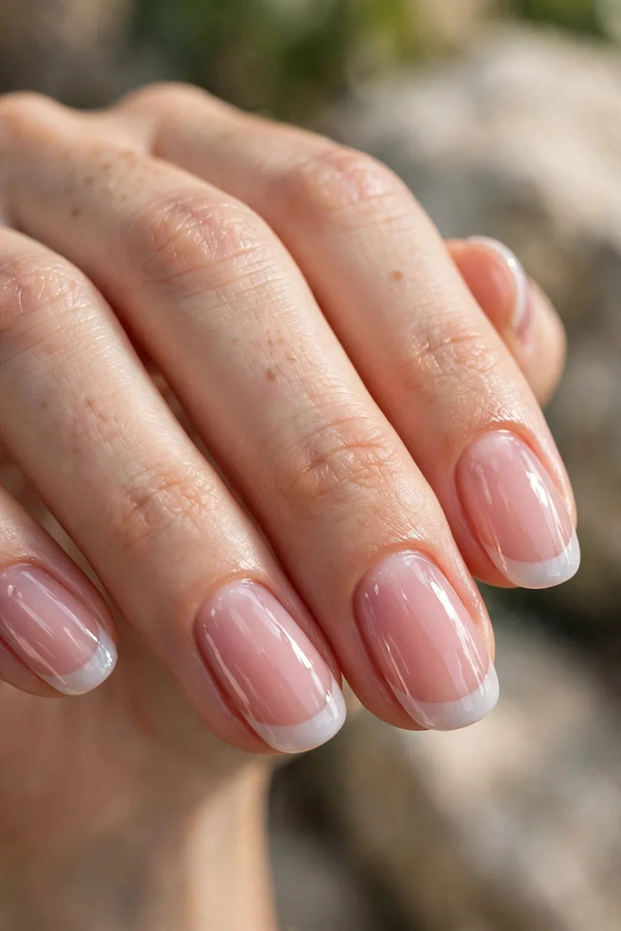 Real hand with glossy French manicure, sheer pink base and milky white tips