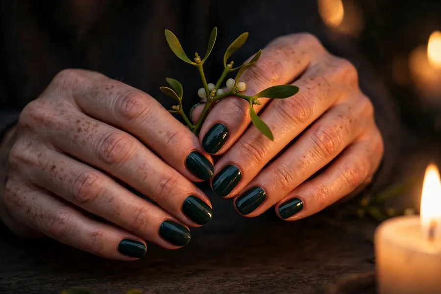 Mistletoe sprig on midnight green mistletoe nails on real hands by candlelight
