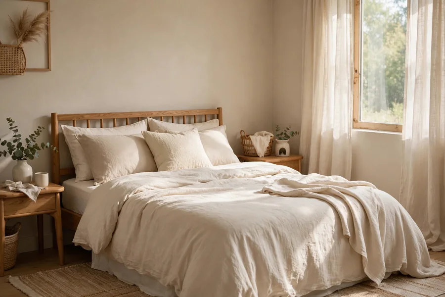 bedroom with warm neutral walls cream bedding and natural light