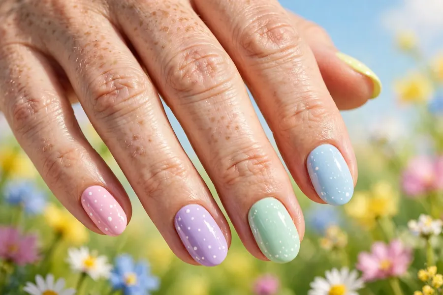 Mismatched pastel birthday nails with dot accents