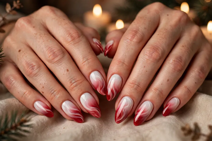 Peppermint swirl ombre nails fading from white to red on real hands