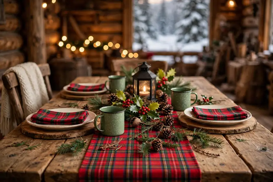 Cozy tartan plaid christmas table setting with lantern centerpiece