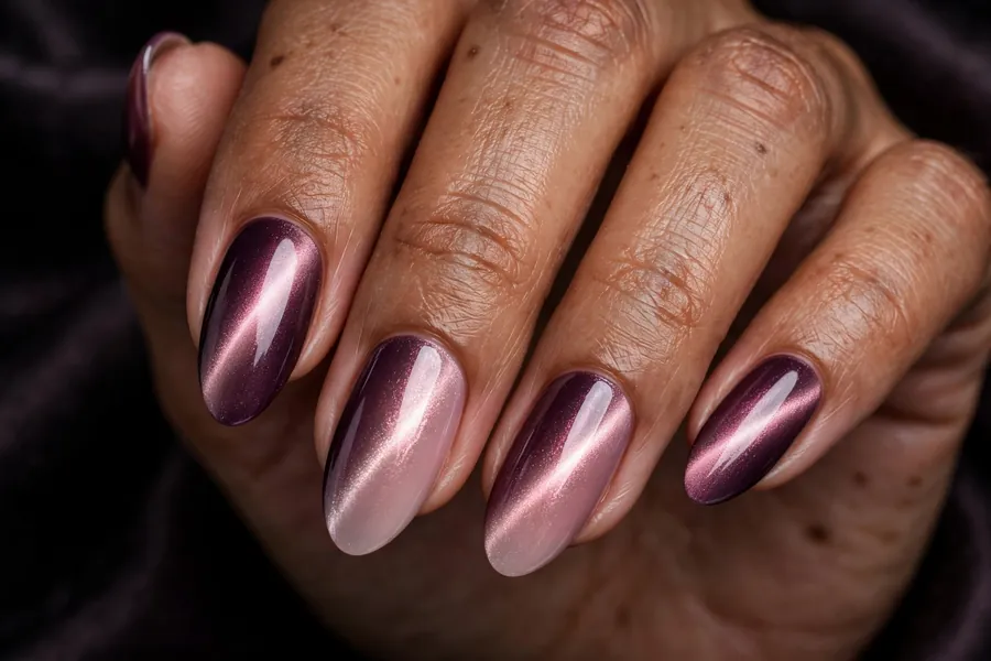 Almond nails with plum-to-rose quartz two tone cat eye nail polish, crystal-like glow