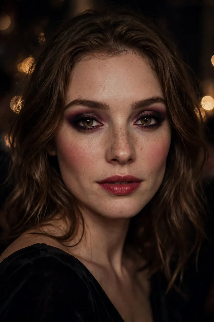Woman with a deep plum smoky eye and berry-toned makeup for New Year's Eve