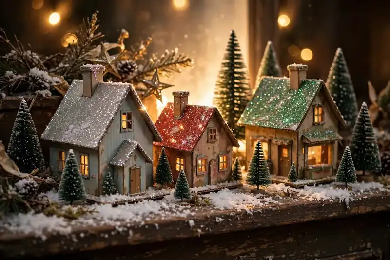 Vintage Putz cardboard Christmas village houses with glitter roofs and fake snow